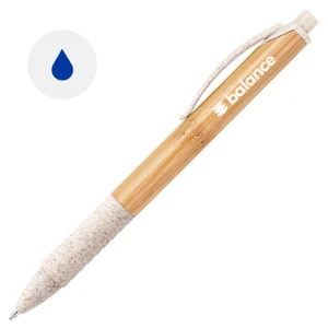Penna a sfera in bambù e con clip e impugnatura in fibra di grano e ABS colore in coordinato e meccanismo a scatto e refill blu