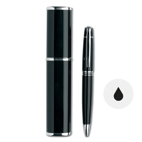 Penna a sfera in metallo con meccanismo a rotazione e astuccio e refill nero