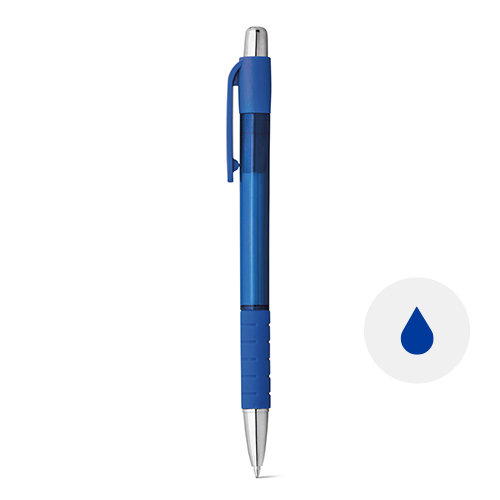 Penna a sfera plastica trasparente e finitura antiscivolo con meccanismo a scatto e refill blu
