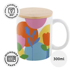 Tazza in ceramica bianca da 300ml con con coperchio in bambù ideale per sublimazione