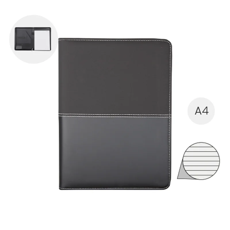 Cartella in pelle con blocco appunti in formato A4 e chiusura a zip con fogli a righe e tasche interne