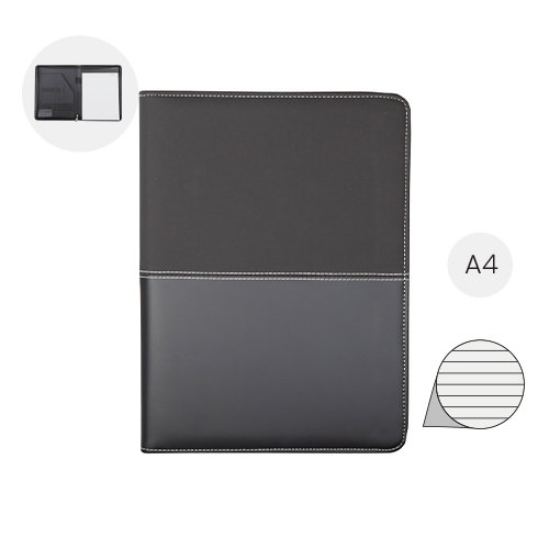 Cartella in pelle con blocco appunti in formato A4 e chiusura a zip con fogli a righe e tasche interne