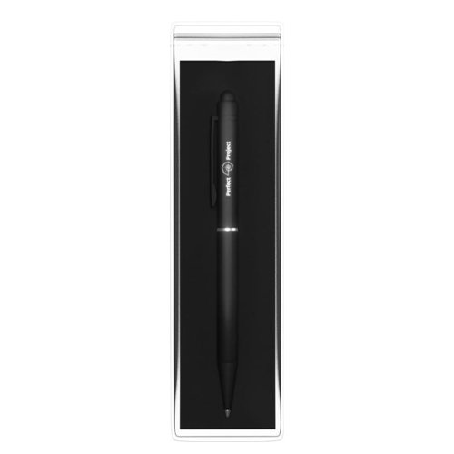 Penna a sfera nera in materiale antibatterico personalizzabile con logo luminoso in confezione regalo