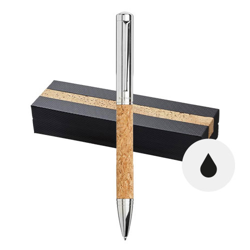 Penna a sfera in alluminio e dettagli in sughero con meccanismo a rotazione in confezione regalo e refill nero