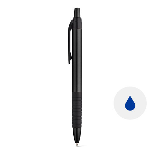 Penna a sfera in plastica con finitura metallizzata in colori assortiti e impugniatura gommata con meccanismo a scatto e refill blu