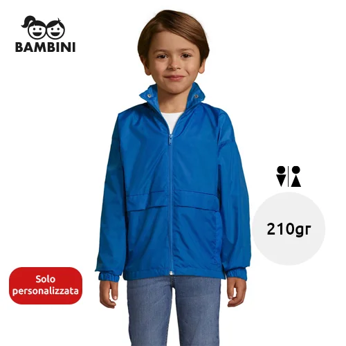 Giacca impermeabile da bambino unisex colori assortiti con cappuccio a scomparsa in nylon 210gr