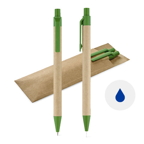 Set con penna a sfera con refill blu e matita portamina in carta kraft con meccanismo a scatto in custodia di cartone