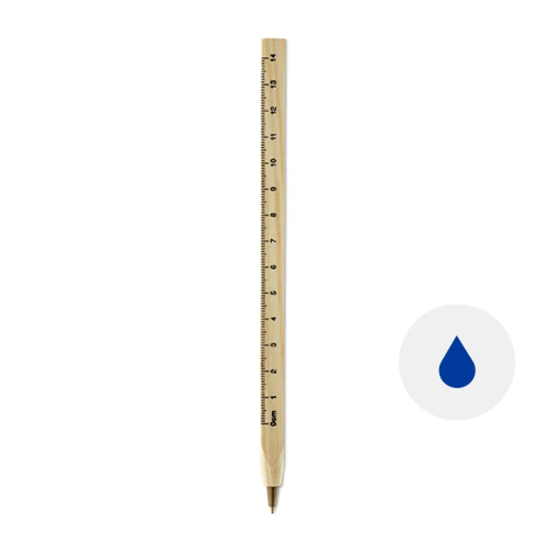 Penna a sfera in legno con righello da 14 cm sul fusto e refill blu