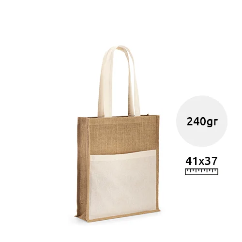 Shopper in juta e cotone a soffietto con manici lunghi e tasca frontale da 240gr 37x41x10cm