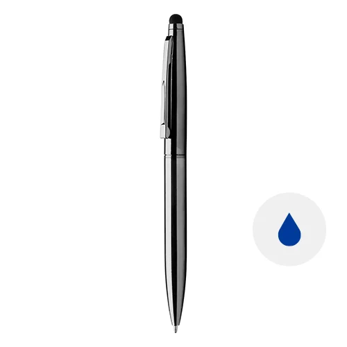 Penna a sfera in metallo con finitura lucida disponibile in vari colori e punta touch con meccanismo a rotazione e refill blu