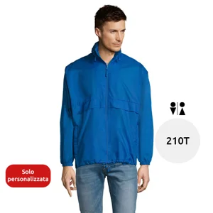Giacca a vento da adulto unisex colori assortiti impermeabile con sistema pieghevole in bag ed elastici da allacciare in vita e cappuccio a scomparsa in nylon 210gr