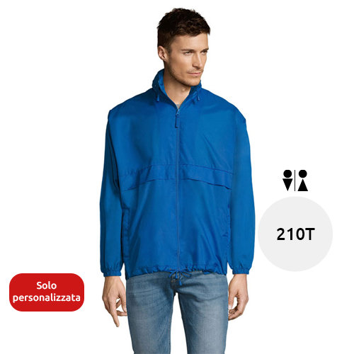 Giacca a vento da adulto unisex colori assortiti impermeabile con sistema pieghevole in bag ed elastici da allacciare in vita e cappuccio a scomparsa in nylon 210gr