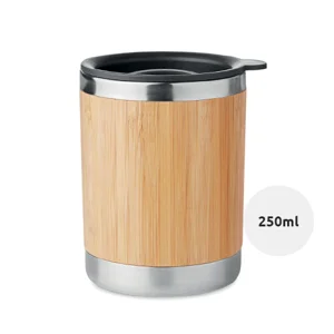Bicchiere termico in acciaio inox con custodia bambù e foro movibile 250ml