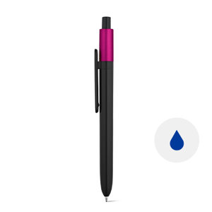 Penna a sfera in ABS con finitura lucida e parte superiore laccata in metallo con meccanismo a scatto e refill blu