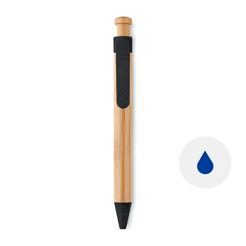 Penna a sfera in bambù e clip e puntale in paglia di grano colorati con meccanismo a scatto e refill blu