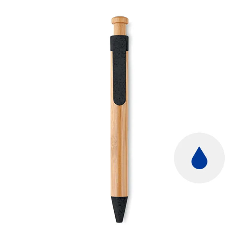 Penna a sfera in bambù e clip e puntale in paglia di grano colorati con meccanismo a scatto e refill blu