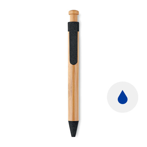 Penna a sfera in bambù e clip e puntale in paglia di grano colorati con meccanismo a scatto e refill blu