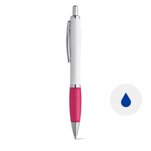 Penna a sfera in plastica con clip in metallo e gomma antiscivolo con meccanismo a scatto e refill blu