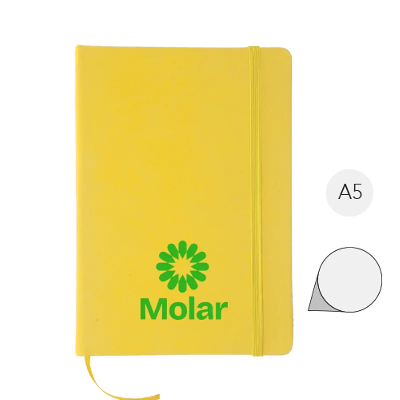 Block Notes A5 con copertina in finta pelle e 100 fogli neutri con segnalibro e cinturino in gomma coordinati