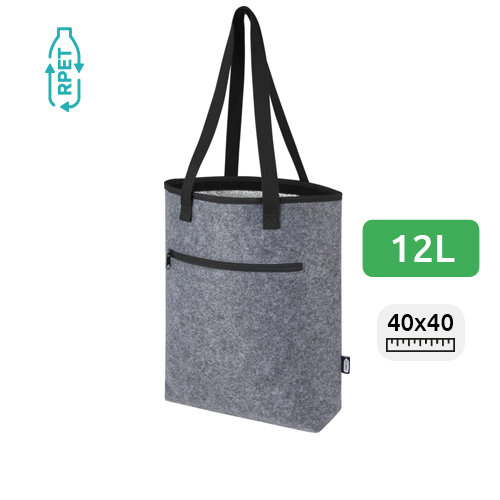 Borsa termica in feltro riciclato certificato da 12L con tasca anteriore e chiusura a strappo 40x11x40cm