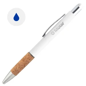Penna a sfera in alluminio con finitura opaca colorata e impugnatura in sughero con punta touch e refill blu