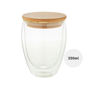 Bicchiere termico in vetro borosilicato a doppia parete con coperchio in bambù 350ml