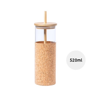 Bicchiere in vetro da 520ml con rivestimanto in sughero coperchio e cannuccia in bambù