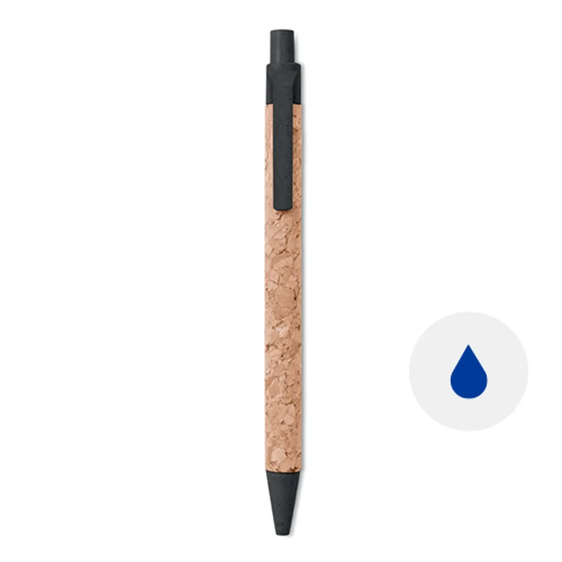 Penna a sfera in sughero e clip in fibra di paglia colorata con meccanismo a scatto e refill blu