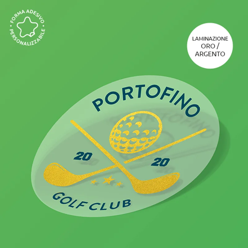 Stickers adesivi personalizzabili in polipropilene bianco o trasparente con laminazione oro o argento