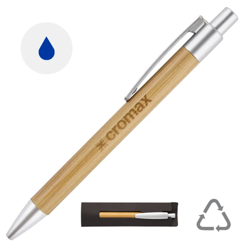 Penna a sfera in bambú con meccanismo a scatto e confezione in carta nera e refill blu