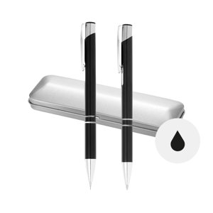 Set scrittura con penna a sfera refill nero e matita meccanica in confezione regalo di latta