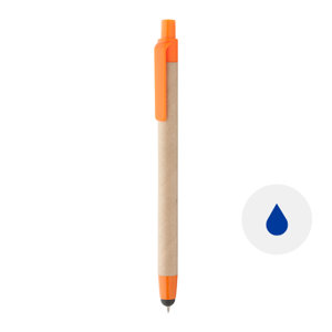 Penna a sfera in carta riciclata con clip in plastica e puntale colorati e punta touch e meccanismo a scatto a refill blu