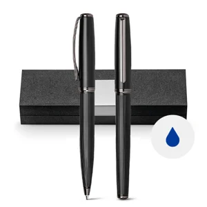 Set con penna roller e penna a sfera in metallo con refill blu fornita in scatola regalo imbottita