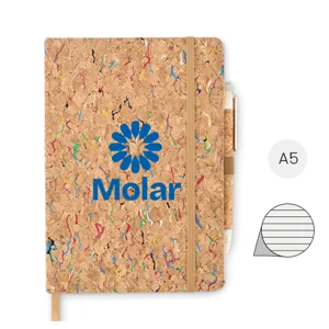 Block notes A5 in sughero colorato con elastico 192 fogli a righe