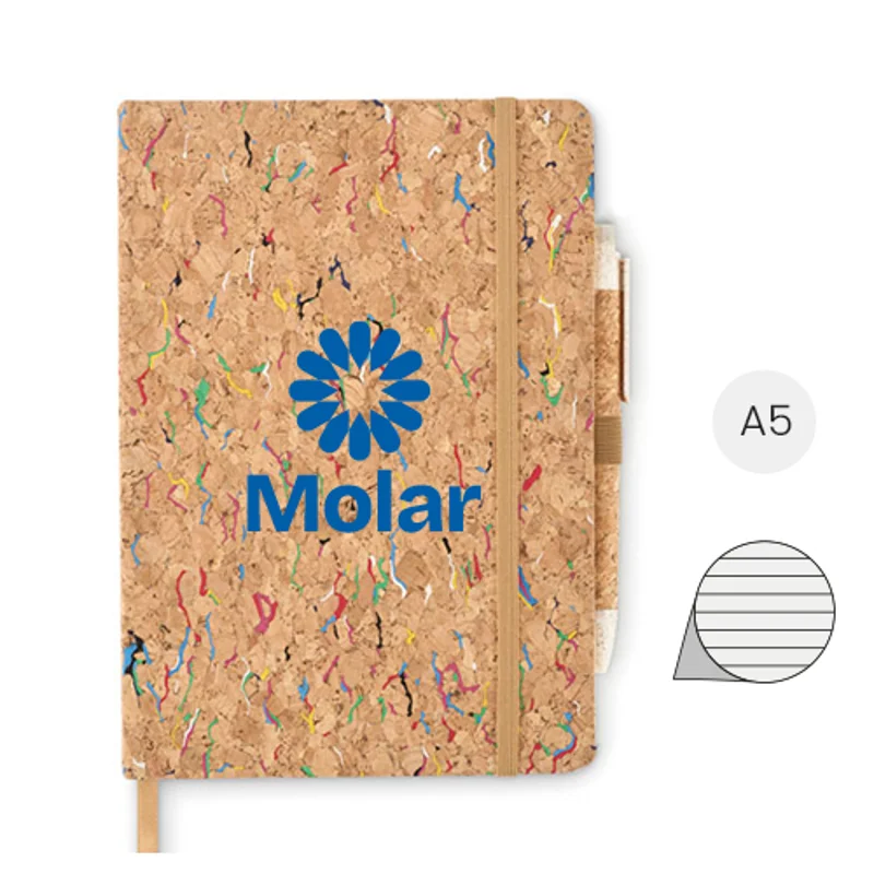 Block notes A5 in sughero colorato con elastico 192 fogli a righe