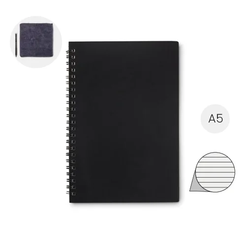Block notes riutilizzabile A5 include una penna cancellabile con acqua e un panno per la pulizia con 18 fogli a righe