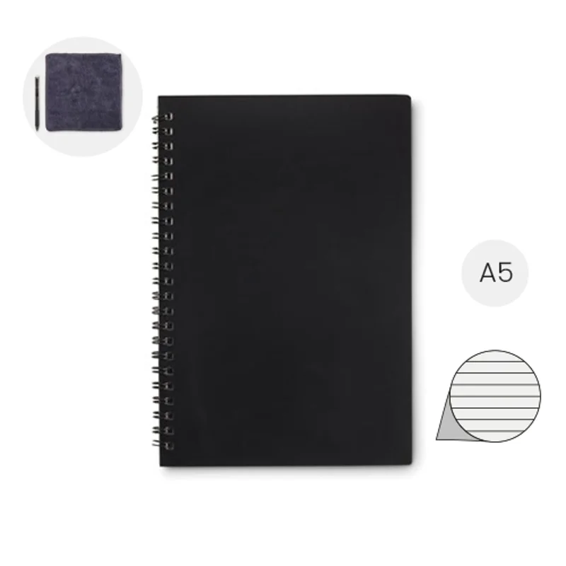 Block notes riutilizzabile A5 include una penna cancellabile con acqua e un panno per la pulizia con 18 fogli a righe