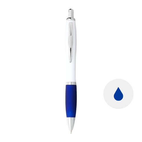 Penna a sfera in plastica bianca con impugnatura morbida colorata e con meccanismo a scatto e refill blu