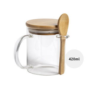 Tazza in vetro borosilicato con coperchio e cucchiaino in bambù 420ml