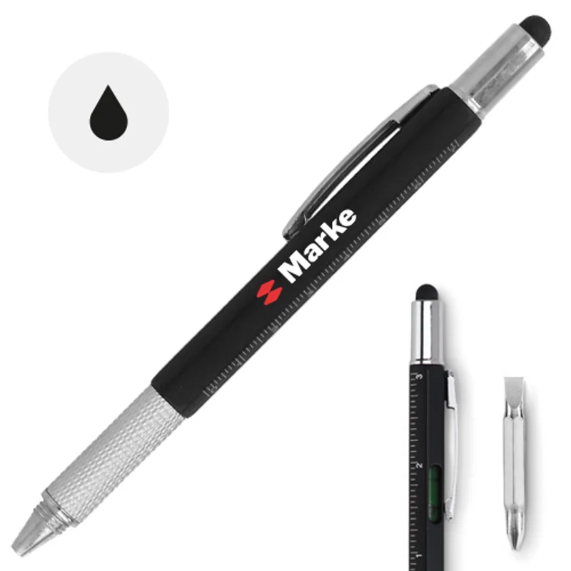 Penna a sfera in ABS multifunzione con punta touch righello livella cacciavite e refill nero