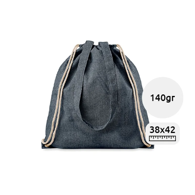 Sacca in cotone riciclato colorata con manici lunghi e chiusura a coulisse da 140gr 38X42cm