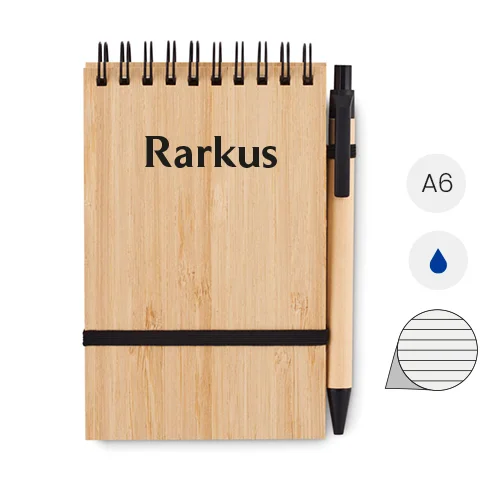 Block notes A6 in bambù con 70 fogli a righe in carta riciclata penna a sfera abbinata in refill blu