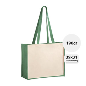 Shopper per la spesa in juta e cotone laminato con manici lunghi disponibile in diversi colori 39×31×16cm