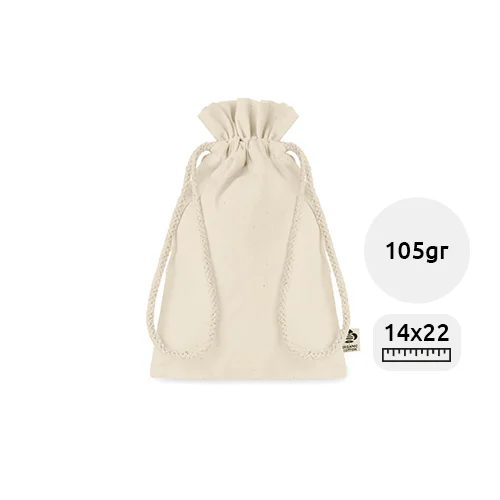 Sacca regalo piccola in cotone biologico con chiusura in coulisse 14x22cm da 105gr