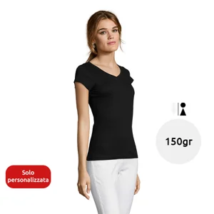 T-shirt da donna colori assortiti scollo a v taglio sfiancato 100% cotone 150gr