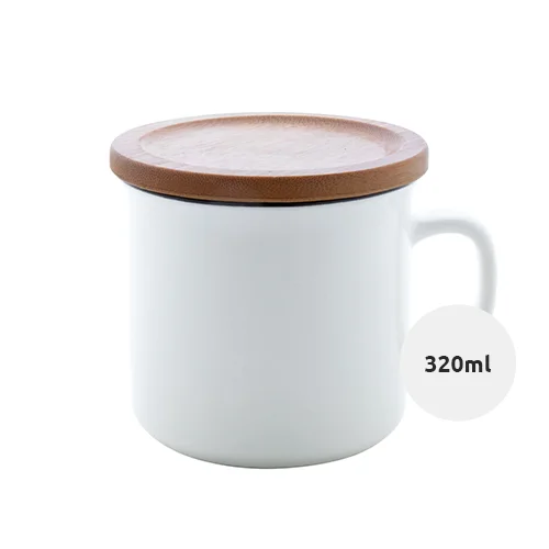 Tazza vintage in porcellana alta qualità con bordo nero e tappo sottobicchiere in bambù 320ml