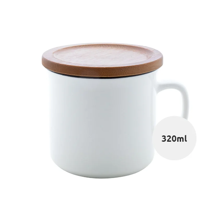 Tazza vintage in porcellana alta qualità con bordo nero e tappo sottobicchiere in bambù 320ml