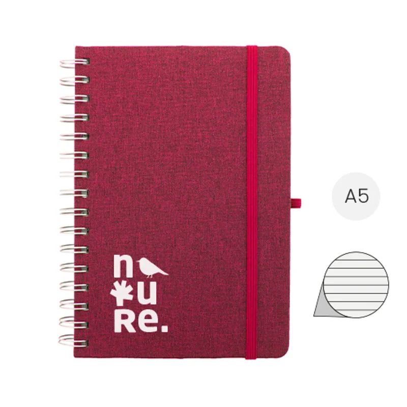 Block note a spirale A5 con copertina RPET a 70 fogli a righe in carta kraft riciclata con portapenne e inserto in plastica di paglia di grano per cellulare ed elastico