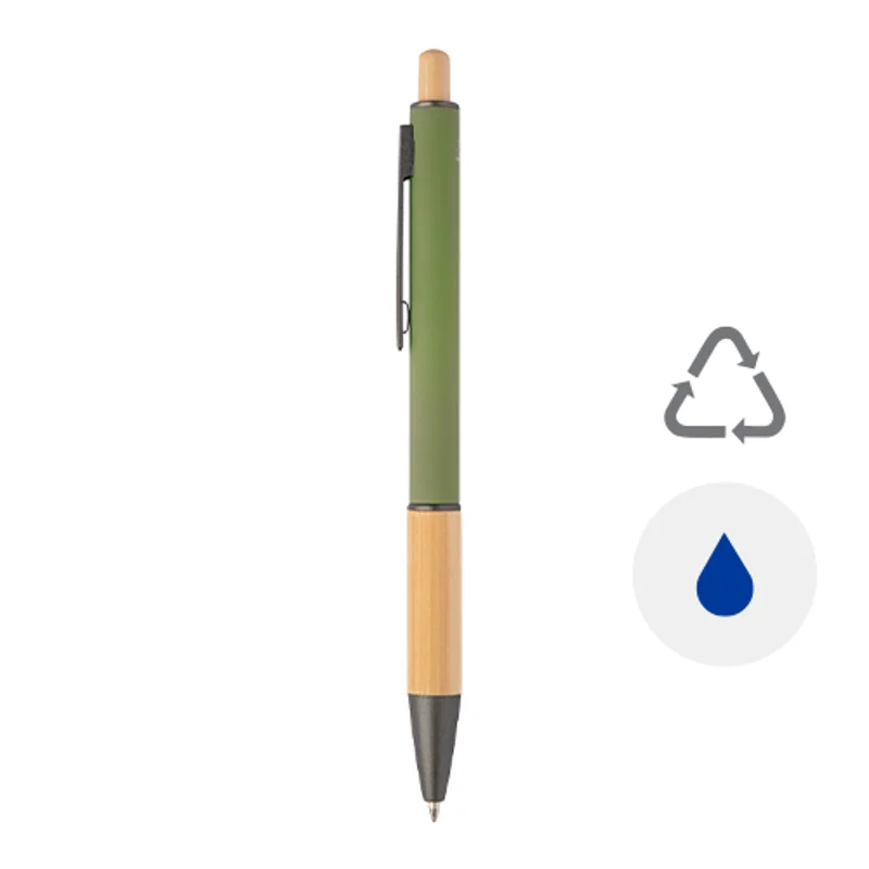Penna a sfera in alluminio riciclato impugnatura e pulsante in bambù corpo gommato e parti con finitura color canna di fucile con refill blu