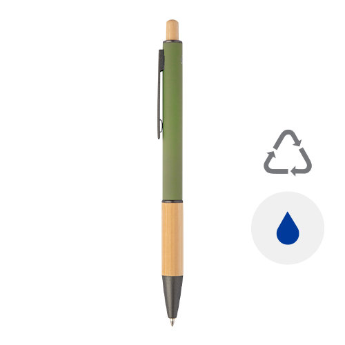 Penna a sfera in alluminio riciclato impugnatura e pulsante in bambù corpo gommato e parti con finitura color canna di fucile con refill blu